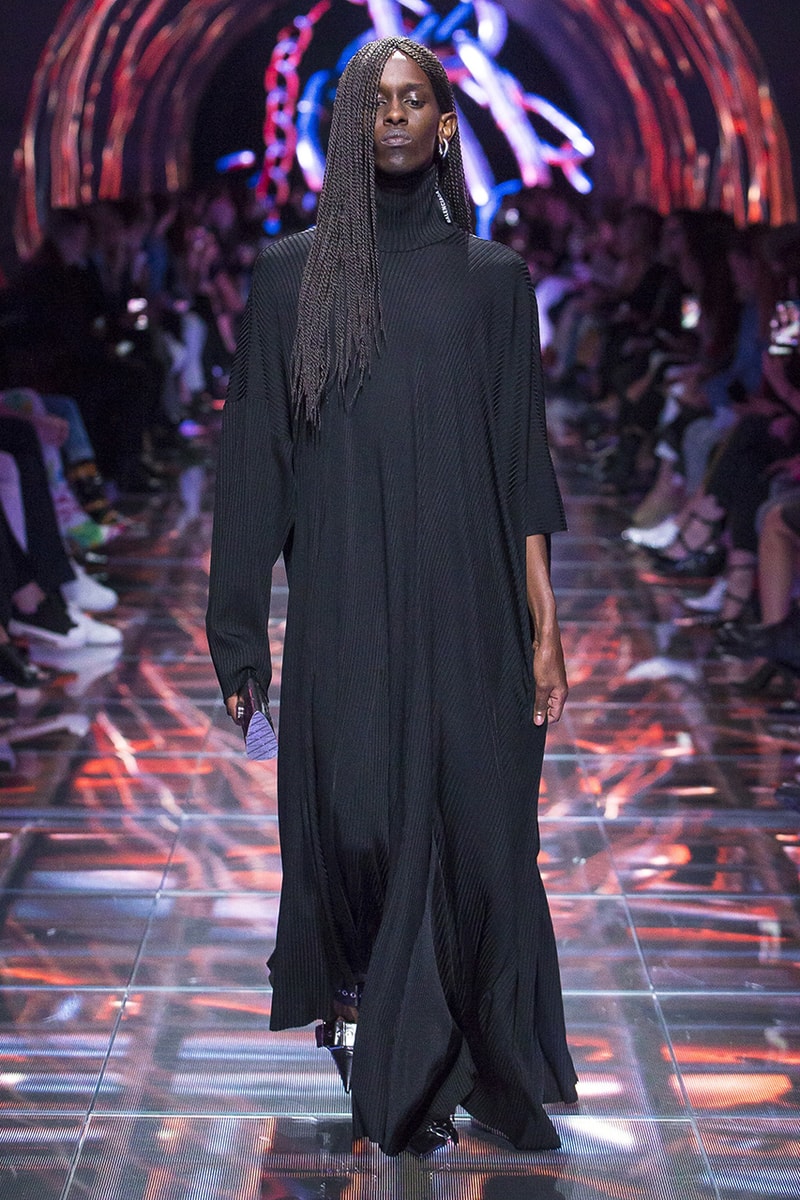 balenciaga runway spring 2019 collection paris fashion week men women demna gvasalia suit shoulder sneaker track dress logo