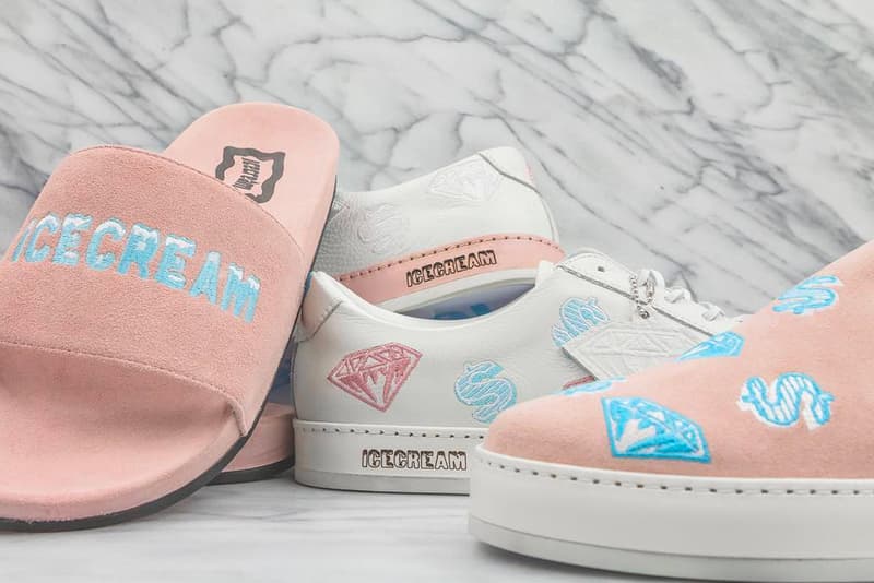 Billionaire Boys Club ICECREAM Made In Italy Launch Diamond and Dollar sneaker velour slide slip-on T shirt hoodies skate decks socks leather card case money trays keychain necklace