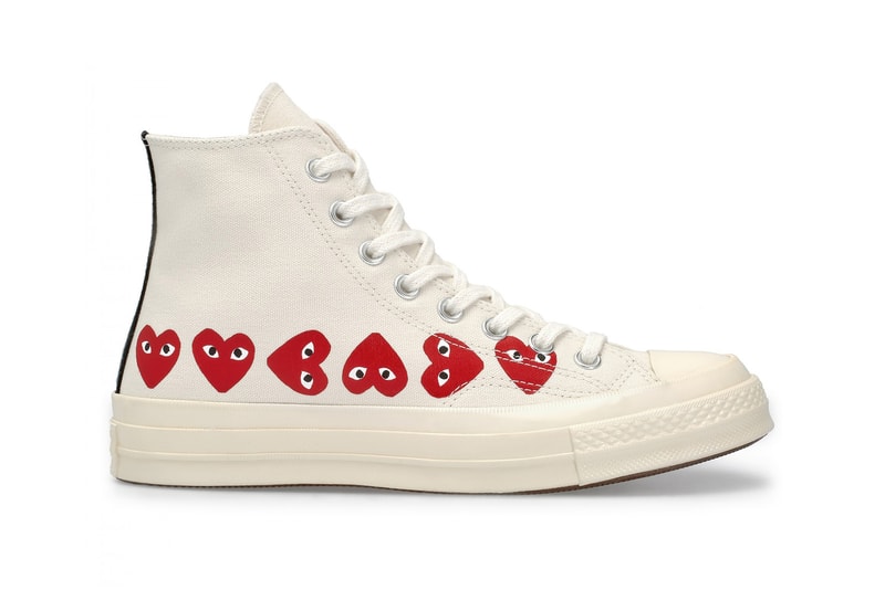CdG PLAY x Converse Chuck Taylor All Star Release Date Details Shoes Trainers Kicks Sneakers Boots Footwear Cop Purchase Buy Soon Available Dover Street Market London White Khaki Repeated Heart Pattern