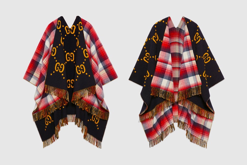 Gucci Reversible Wool Poncho GG logo tartan print black yellow red blue white release info