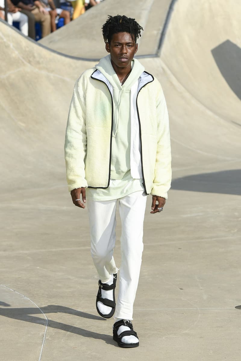 John Elliott spring summer 2019 runway collection sheck wes suicoke nike blackmeans mars jewelry sneaker shoe first look new york pier 62 skatepark justin bieber lebron james collaboration exclusive drop release date info tie dye denim acg