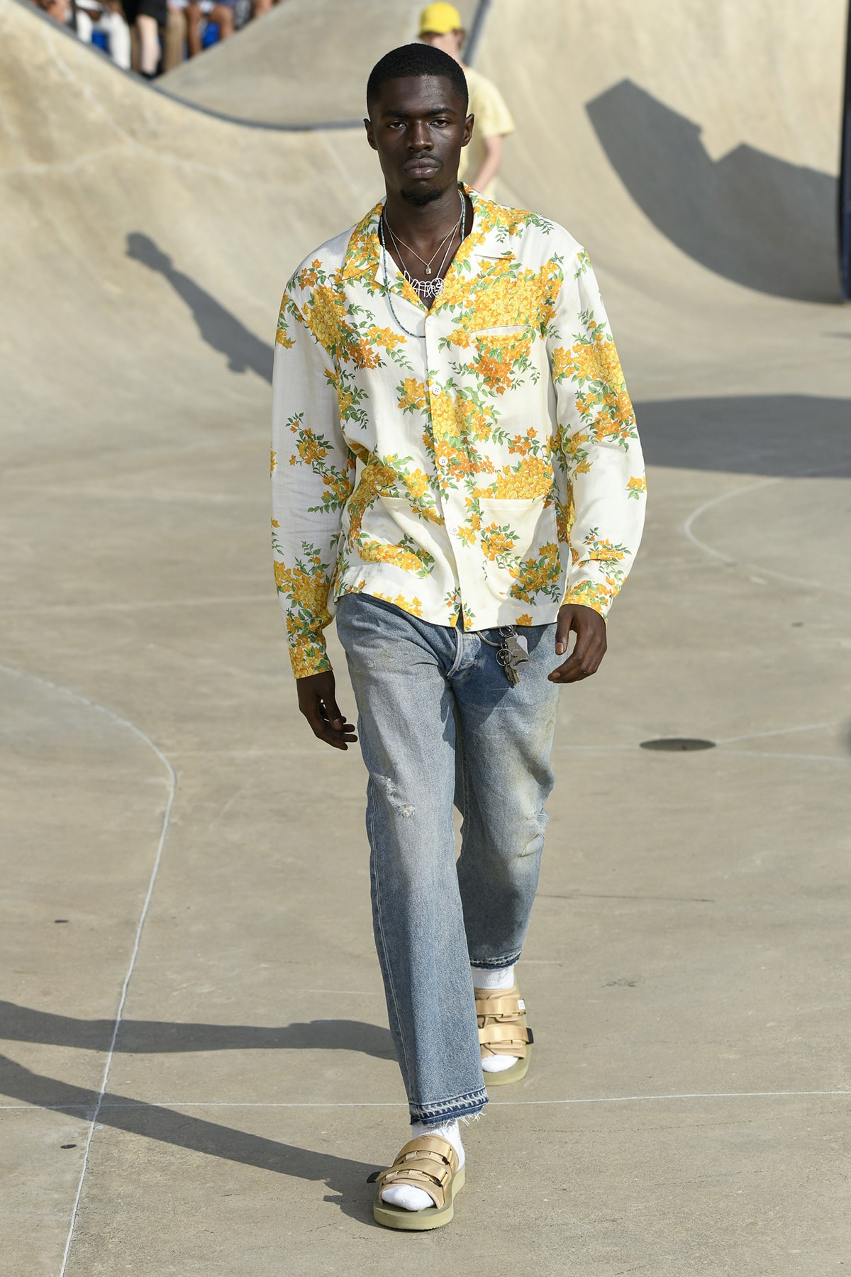 John Elliott spring summer 2019 runway collection sheck wes suicoke nike blackmeans mars jewelry sneaker shoe first look new york pier 62 skatepark justin bieber lebron james collaboration exclusive drop release date info tie dye denim acg