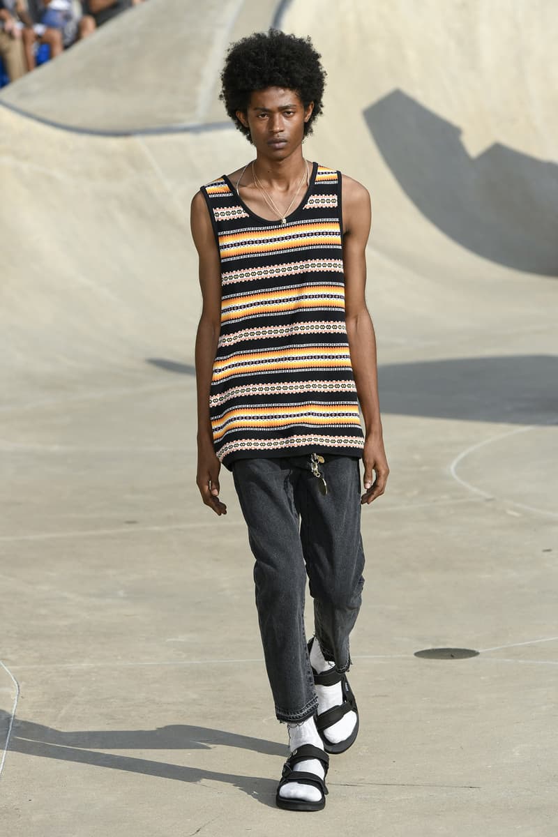 John Elliott spring summer 2019 runway collection sheck wes suicoke nike blackmeans mars jewelry sneaker shoe first look new york pier 62 skatepark justin bieber lebron james collaboration exclusive drop release date info tie dye denim acg