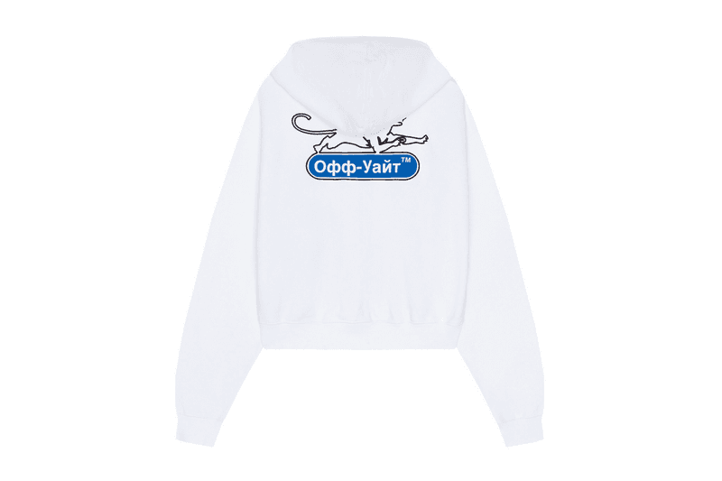 off white km20 exclusive capsule collection collaboration drop release date september 6 2018 panther hoodie tee shirt dress tulle socks belt industrial logo branding graphics limited russia store socks sweatpants track cycling long sleeve short white black