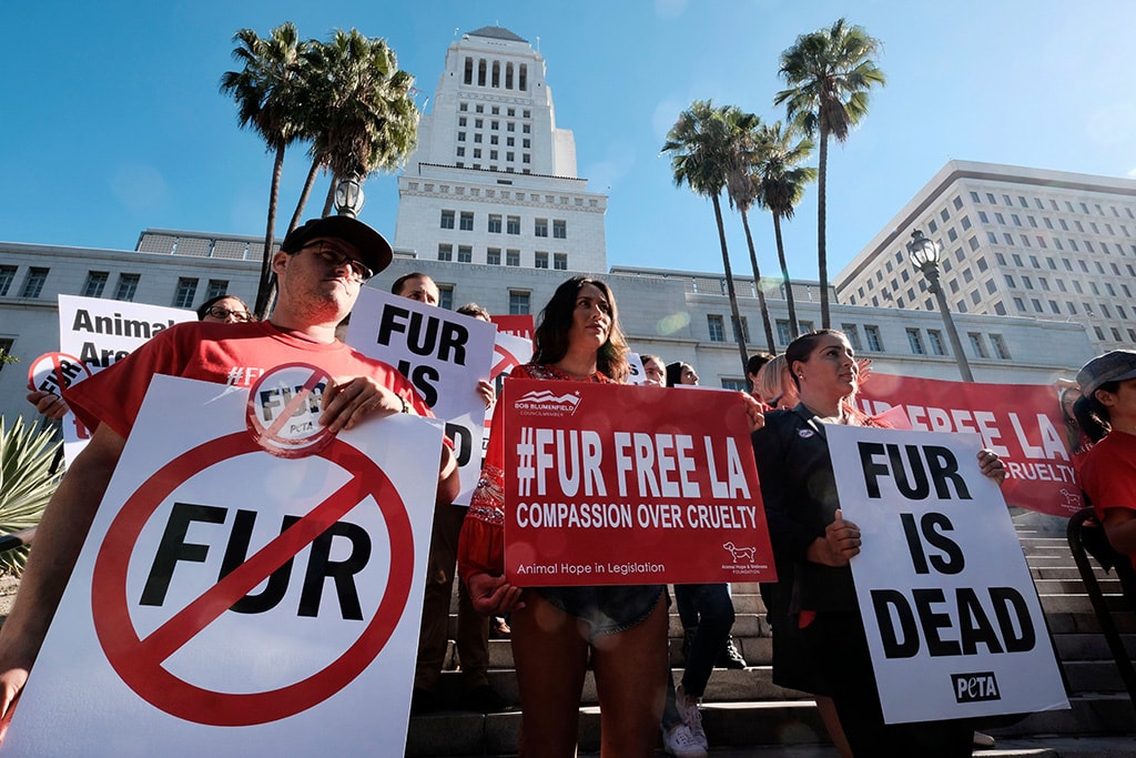 Los Angeles Bans Fur Sales Protesters PETA LA California Manufacture Production Vegan