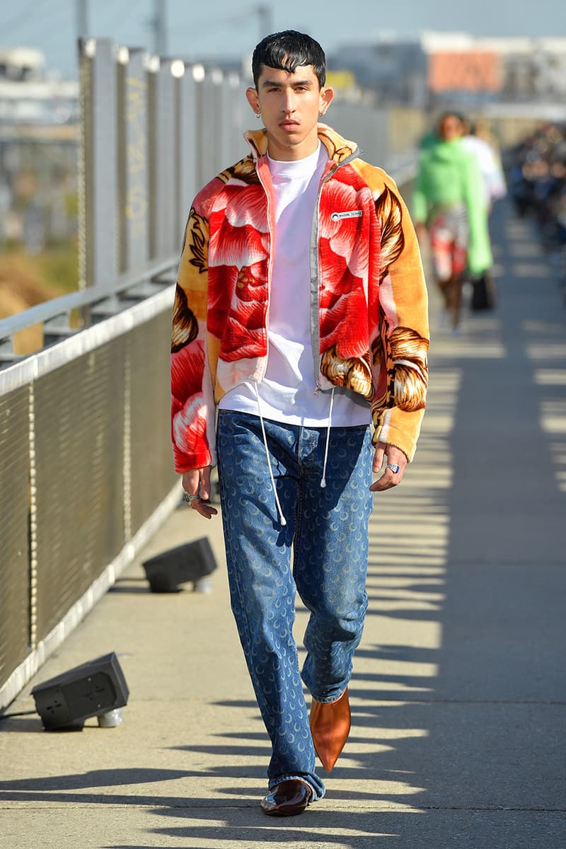 Marine Serre spring summer 2019 runway menswear kid paris fashion week debut sportswear logo print denim jacket floral first converse collaboration laceless slip on chuck taylor