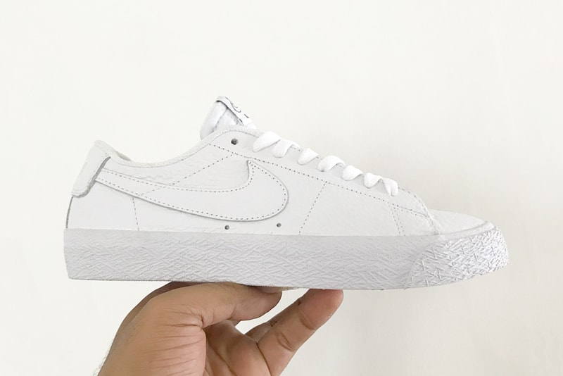 NBA Nike SB Blazer Low Collaboration First Look white colorway premium tumbled leather sneaker footwear dunk basketball skateboarding