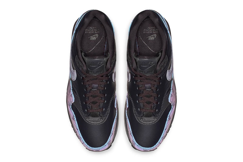 Nike Air Max 1 Black Iridescent Purple logo branding fall 2018 release sneakers