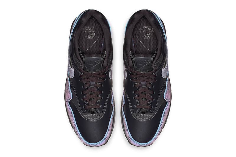 Nike Air Max 1 Black Iridescent Purple logo branding fall 2018 release sneakers