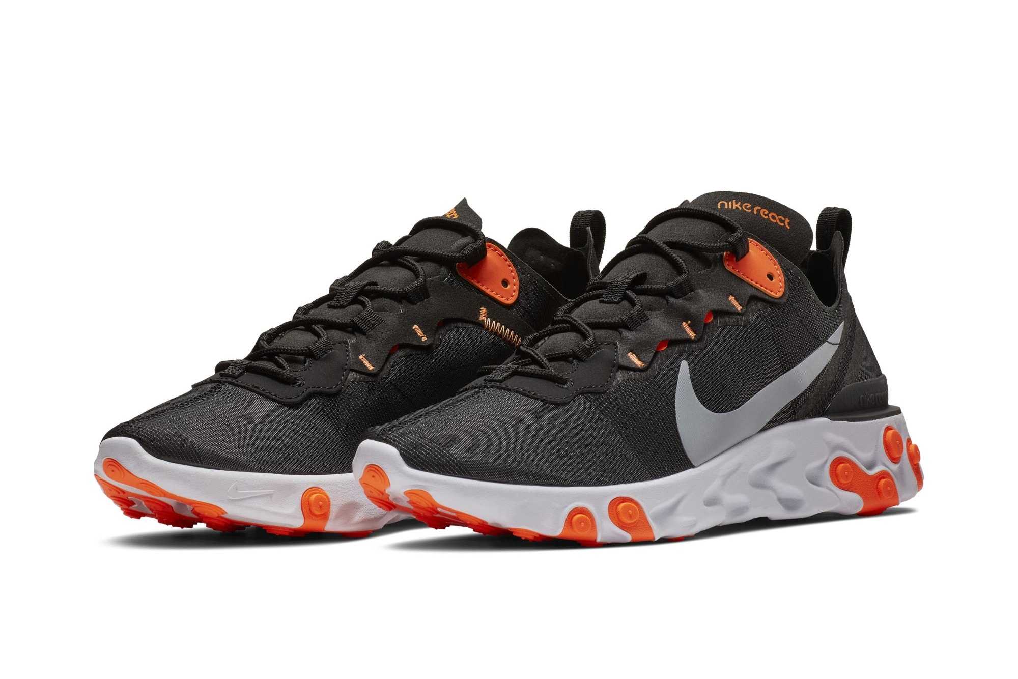 Nike React Element 55 "Black/Total Orange" sneaker colorway release date info price purchase buy trainers