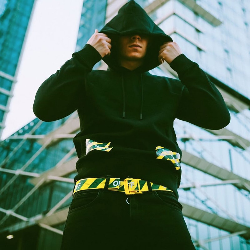 Off White Exclusive Capsule Collection Bangkok Flagship hoodie black yellow barricade tape bag pants jeans sweatshirt outerwear jacket