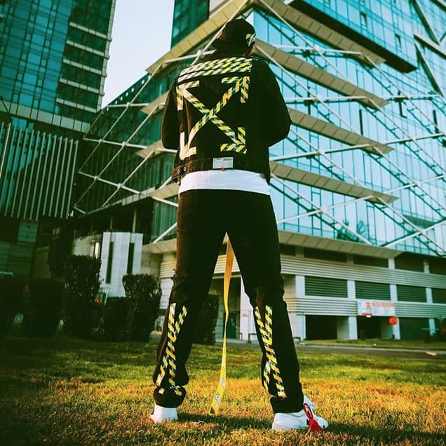 Off White Exclusive Capsule Collection Bangkok Flagship hoodie black yellow barricade tape bag pants jeans sweatshirt outerwear jacket