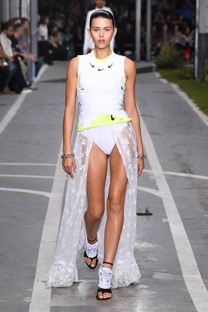 off white virgil abloh nike track field runway collection collaboration spring summer 2019 paris fashion week womenswear gown dress jacket denim sneaker shoe pfw