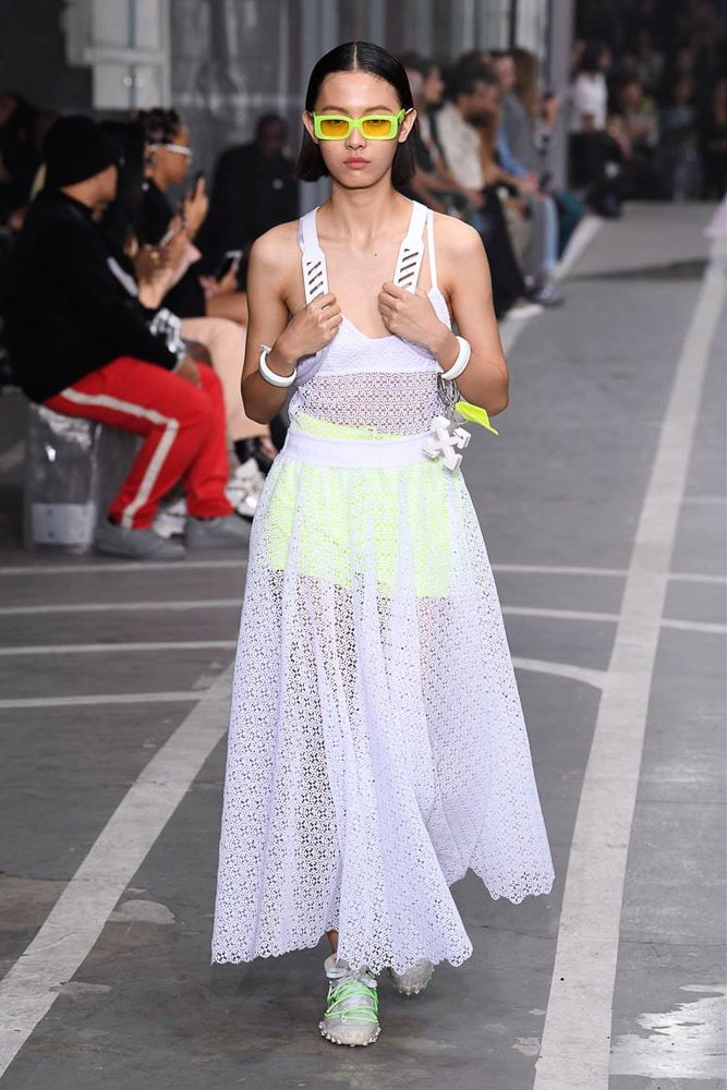 off white virgil abloh nike track field runway collection collaboration spring summer 2019 paris fashion week womenswear gown dress jacket denim sneaker shoe pfw