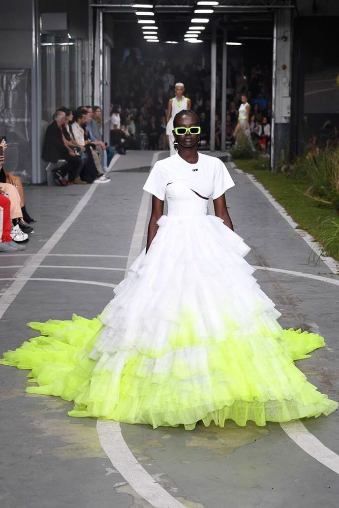off white virgil abloh nike track field runway collection collaboration spring summer 2019 paris fashion week womenswear gown dress jacket denim sneaker shoe pfw