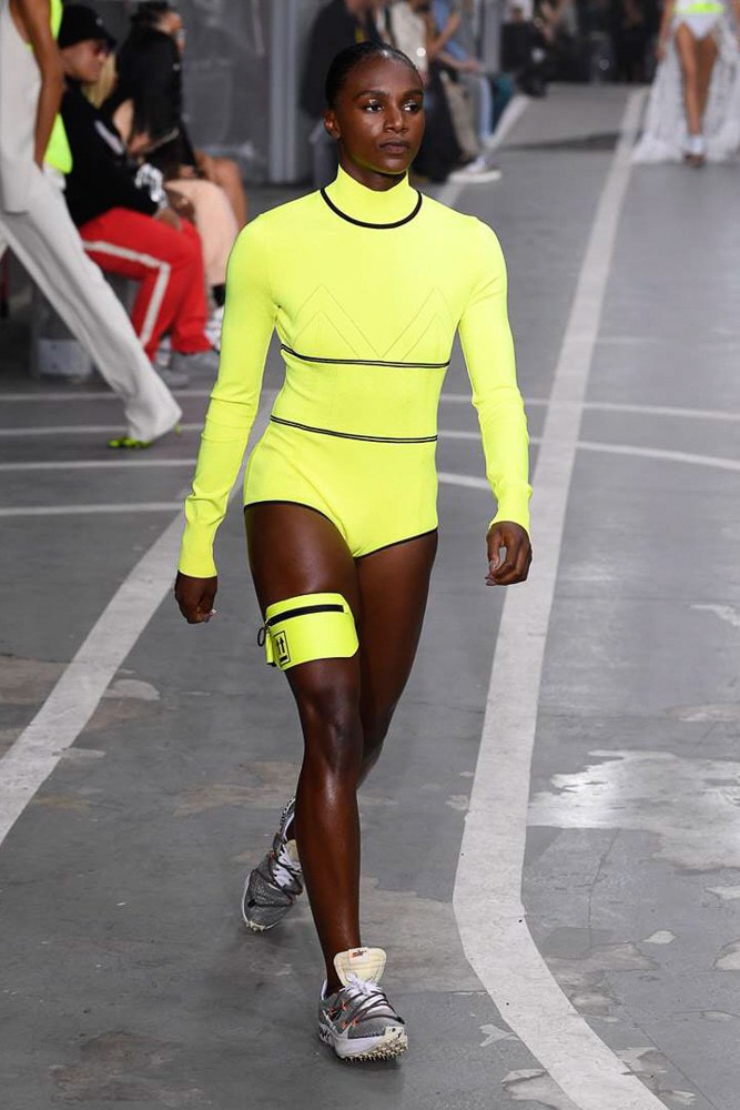 off white virgil abloh nike track field runway collection collaboration spring summer 2019 paris fashion week womenswear gown dress jacket denim sneaker shoe pfw