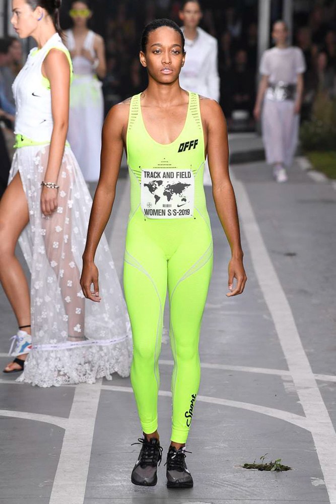 off white virgil abloh nike track field runway collection collaboration spring summer 2019 paris fashion week womenswear gown dress jacket denim sneaker shoe pfw