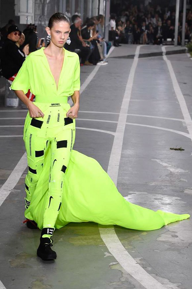 off white virgil abloh nike track field runway collection collaboration spring summer 2019 paris fashion week womenswear gown dress jacket denim sneaker shoe pfw