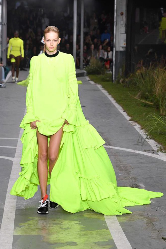 off white virgil abloh nike track field runway collection collaboration spring summer 2019 paris fashion week womenswear gown dress jacket denim sneaker shoe pfw