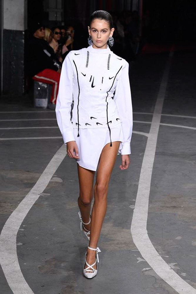 off white virgil abloh nike track field runway collection collaboration spring summer 2019 paris fashion week womenswear gown dress jacket denim sneaker shoe pfw