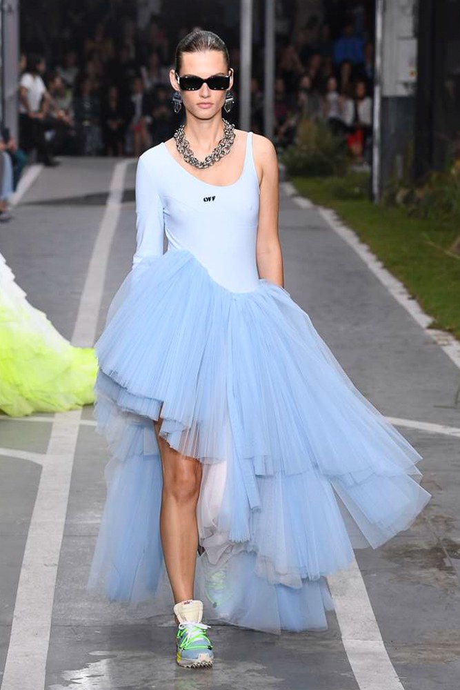 off white virgil abloh nike track field runway collection collaboration spring summer 2019 paris fashion week womenswear gown dress jacket denim sneaker shoe pfw