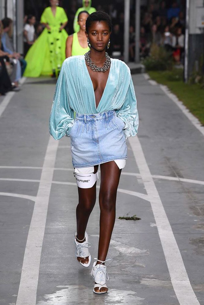 off white virgil abloh nike track field runway collection collaboration spring summer 2019 paris fashion week womenswear gown dress jacket denim sneaker shoe pfw