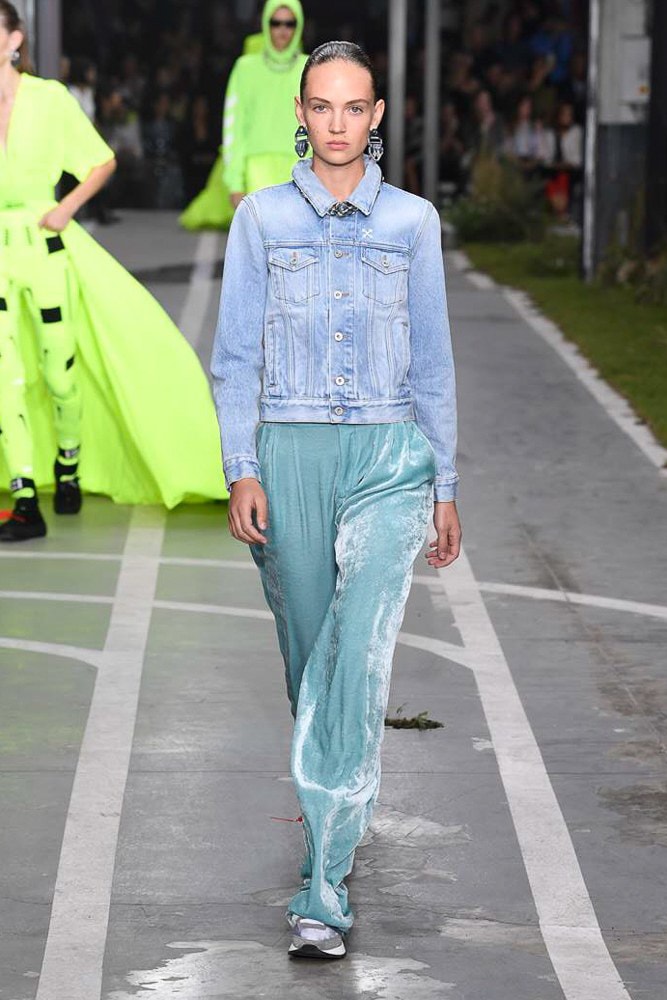 off white virgil abloh nike track field runway collection collaboration spring summer 2019 paris fashion week womenswear gown dress jacket denim sneaker shoe pfw