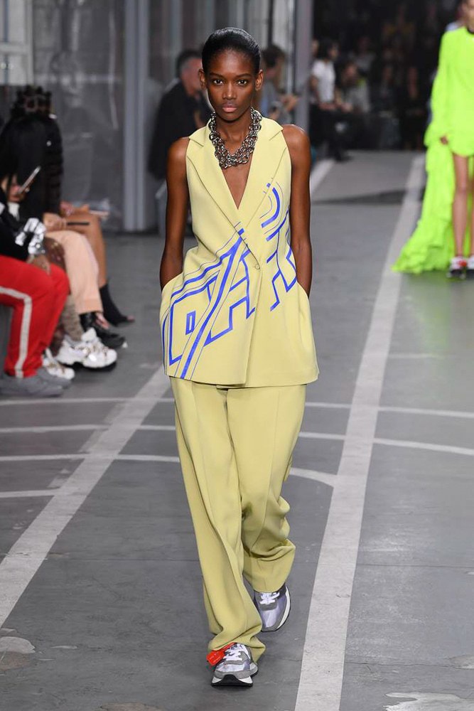 off white virgil abloh nike track field runway collection collaboration spring summer 2019 paris fashion week womenswear gown dress jacket denim sneaker shoe pfw