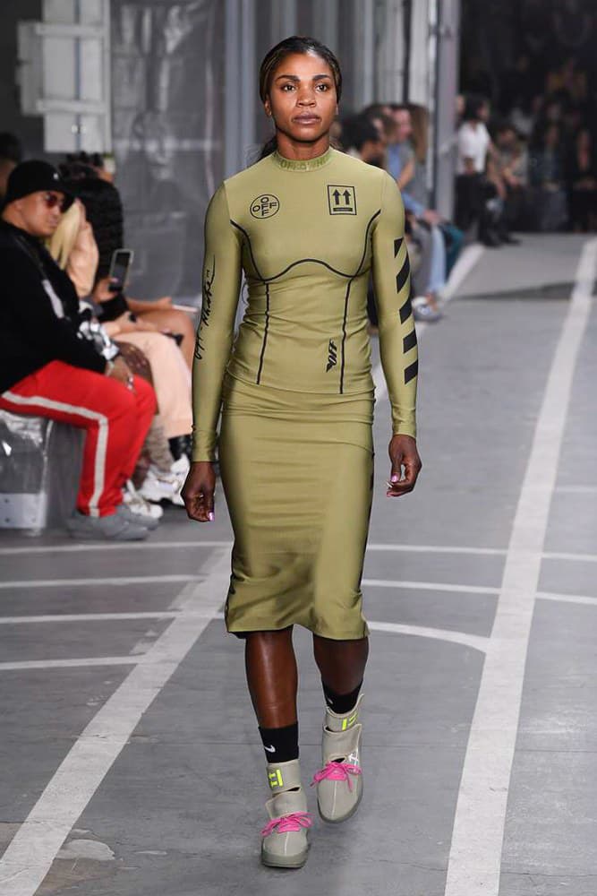 off white virgil abloh nike track field runway collection collaboration spring summer 2019 paris fashion week womenswear gown dress jacket denim sneaker shoe pfw