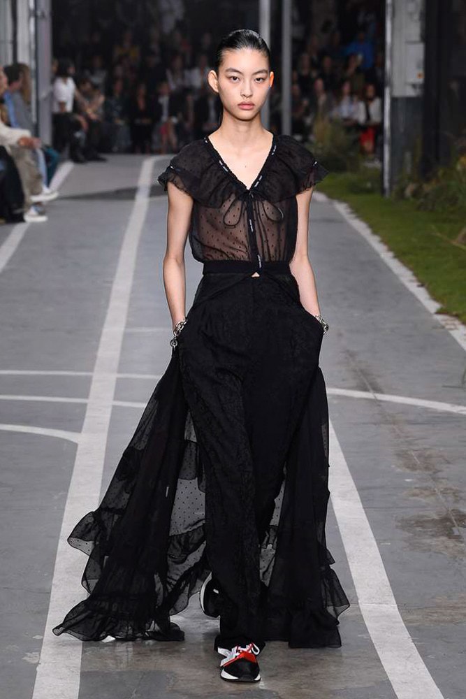 off white virgil abloh nike track field runway collection collaboration spring summer 2019 paris fashion week womenswear gown dress jacket denim sneaker shoe pfw