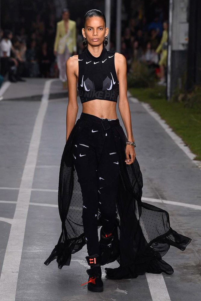 off white virgil abloh nike track field runway collection collaboration spring summer 2019 paris fashion week womenswear gown dress jacket denim sneaker shoe pfw