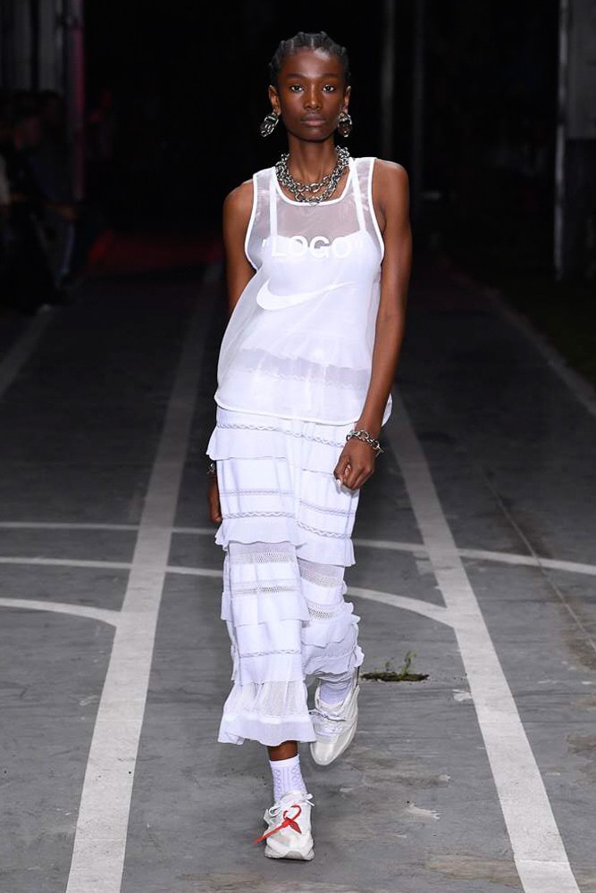 off white virgil abloh nike track field runway collection collaboration spring summer 2019 paris fashion week womenswear gown dress jacket denim sneaker shoe pfw