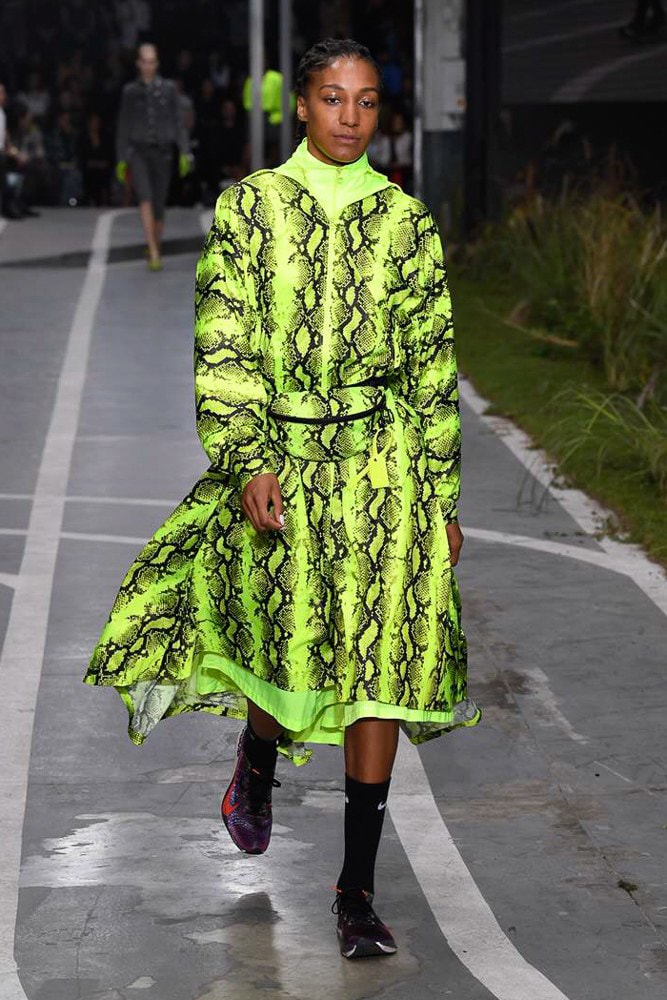 off white virgil abloh nike track field runway collection collaboration spring summer 2019 paris fashion week womenswear gown dress jacket denim sneaker shoe pfw