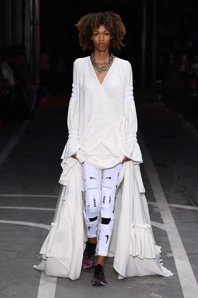 off white virgil abloh nike track field runway collection collaboration spring summer 2019 paris fashion week womenswear gown dress jacket denim sneaker shoe pfw