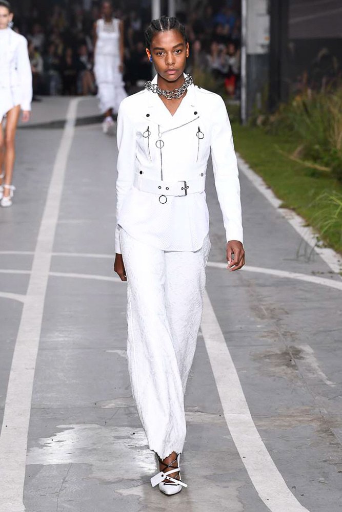 off white virgil abloh nike track field runway collection collaboration spring summer 2019 paris fashion week womenswear gown dress jacket denim sneaker shoe pfw