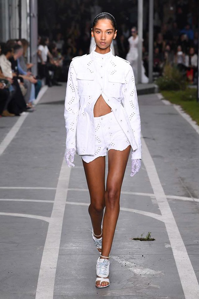 off white virgil abloh nike track field runway collection collaboration spring summer 2019 paris fashion week womenswear gown dress jacket denim sneaker shoe pfw
