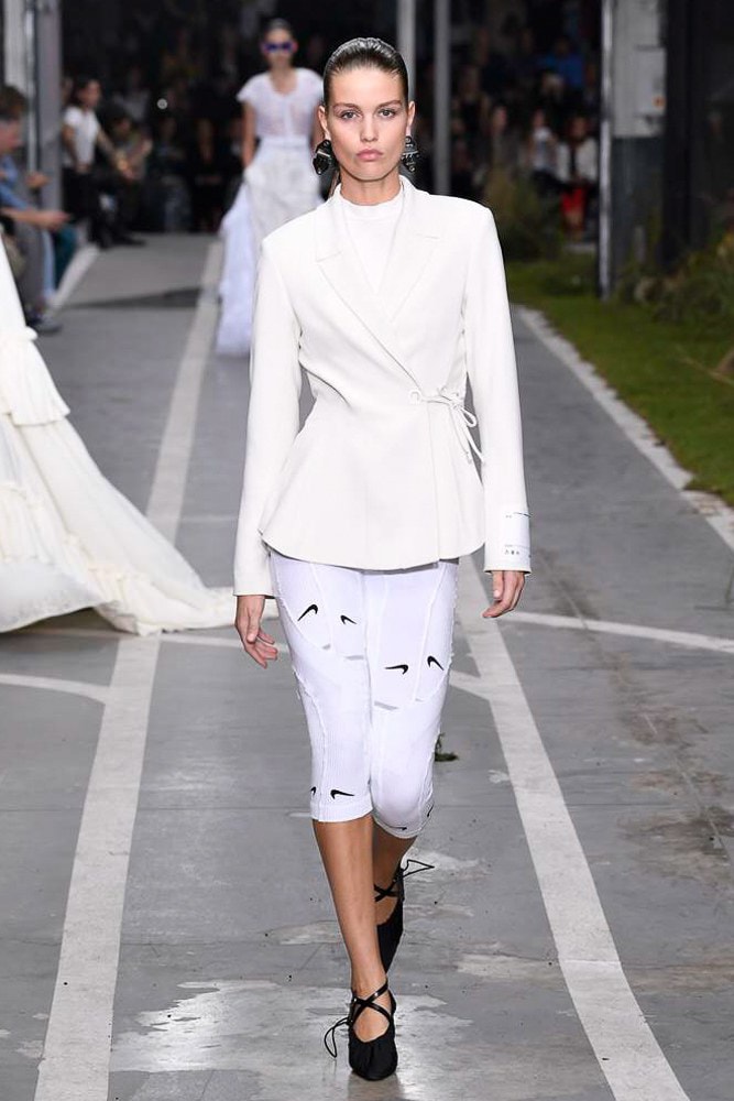 off white virgil abloh nike track field runway collection collaboration spring summer 2019 paris fashion week womenswear gown dress jacket denim sneaker shoe pfw