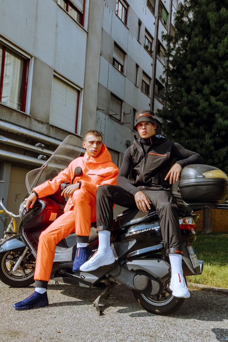 Prada nss magazine linea rossa editorial fall winter 2018 sneakers white blue orange black tracksuit hoodie pants turtleneck logo