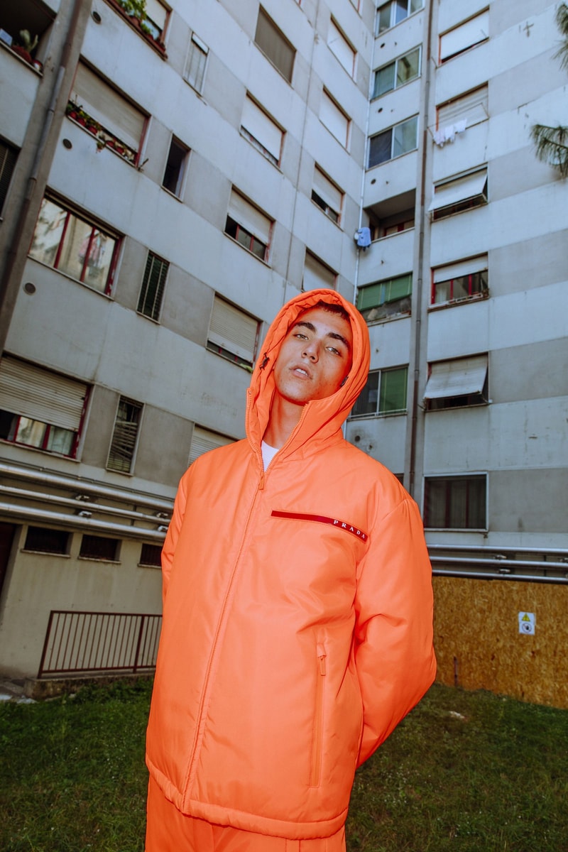 Prada nss magazine linea rossa editorial fall winter 2018 sneakers white blue orange black tracksuit hoodie pants turtleneck logo