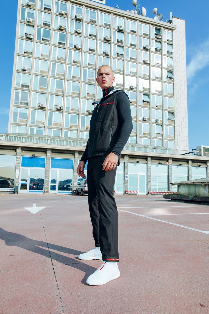 Prada nss magazine linea rossa editorial fall winter 2018 sneakers white blue orange black tracksuit hoodie pants turtleneck logo
