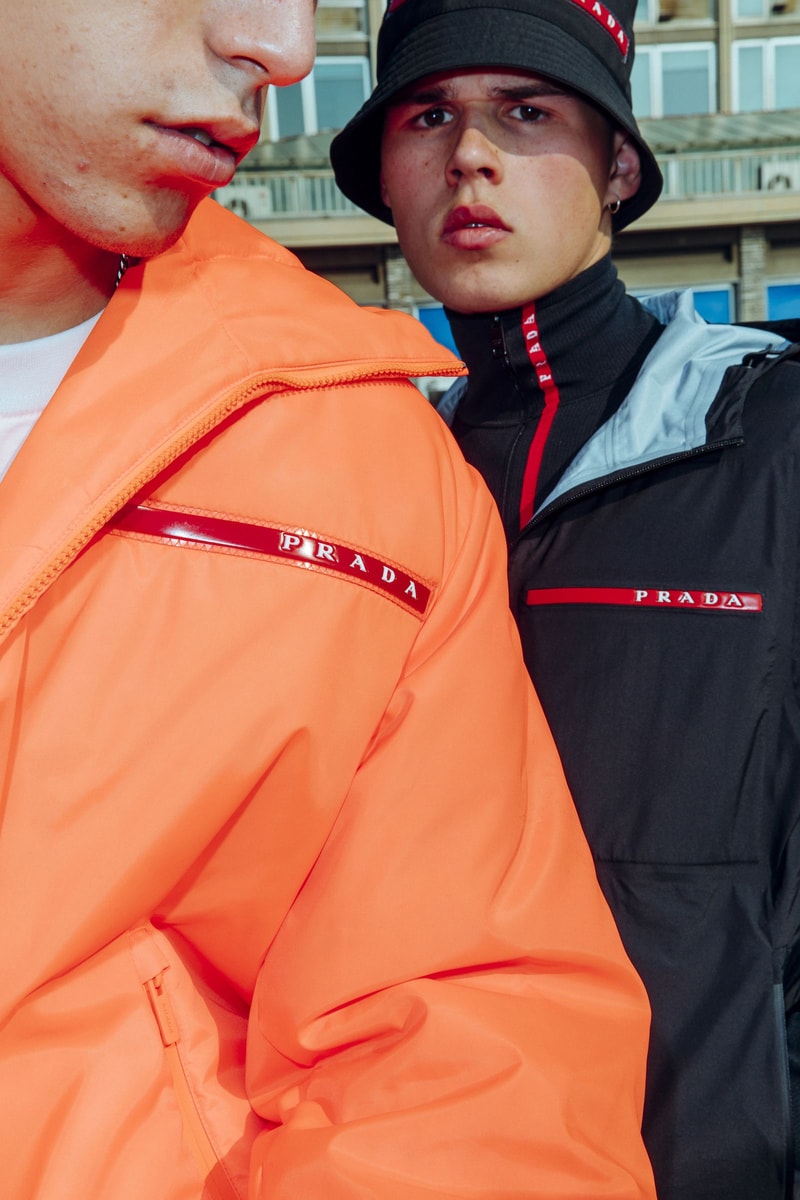 Prada nss magazine linea rossa editorial fall winter 2018 sneakers white blue orange black tracksuit hoodie pants turtleneck logo