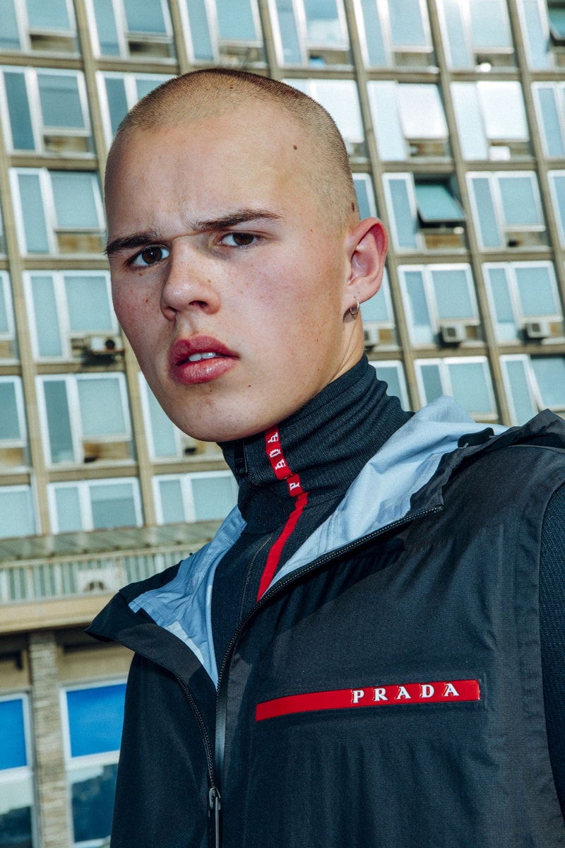 Prada nss magazine linea rossa editorial fall winter 2018 sneakers white blue orange black tracksuit hoodie pants turtleneck logo