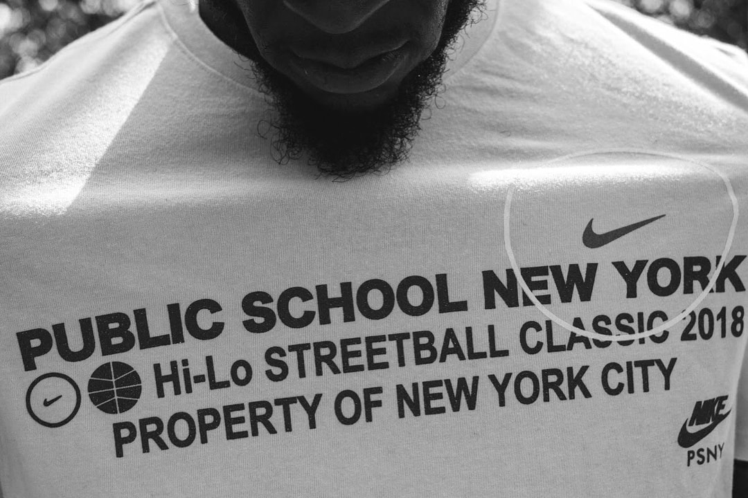 public school nike pop up shop streetball lower east side new york exclusive air force 1 sneaker one sho footwear collaboration jersey basketball tee shirt hoodie shorts bball socks print patch custom bespoke patchwork contest win september 4 6 2018 limited drop release information price launch purchase buy sell sale