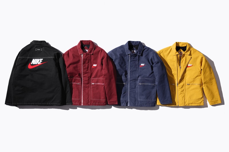 Supreme Nike Fall/Winter 2018 Collection Info NSW NikeLab Supreme Vest Jackets Sweat Suits earrings denim jackets touques beanies outerwear winter fall new york toyko logo overalls chore coat flannel polo logo