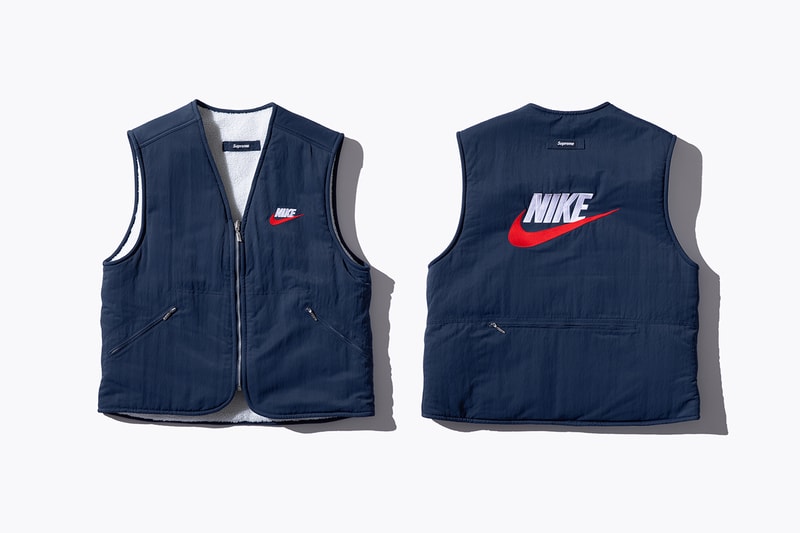 Supreme Nike Fall/Winter 2018 Collection Info NSW NikeLab Supreme Vest Jackets Sweat Suits earrings denim jackets touques beanies outerwear winter fall new york toyko logo overalls chore coat flannel polo logo