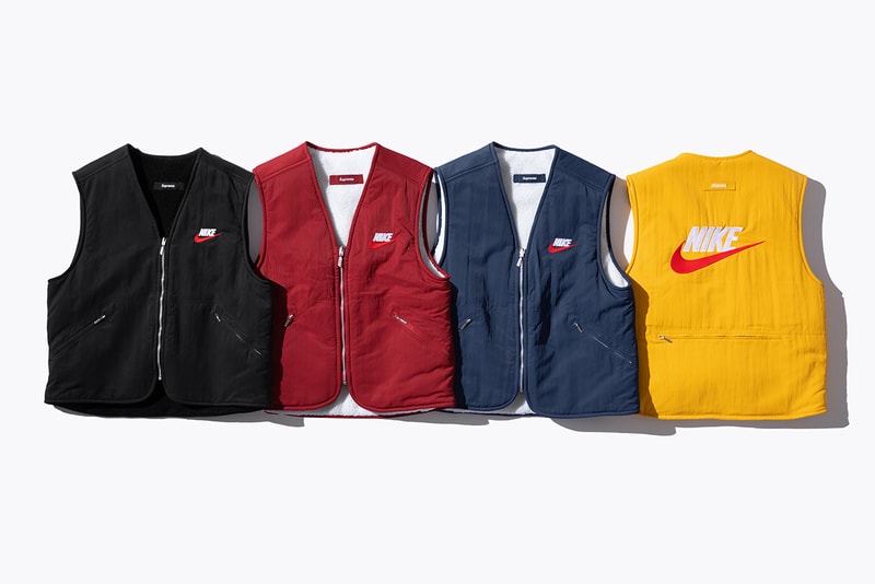 Supreme Nike Fall/Winter 2018 Collection Info NSW NikeLab Supreme Vest Jackets Sweat Suits earrings denim jackets touques beanies outerwear winter fall new york toyko logo overalls chore coat flannel polo logo