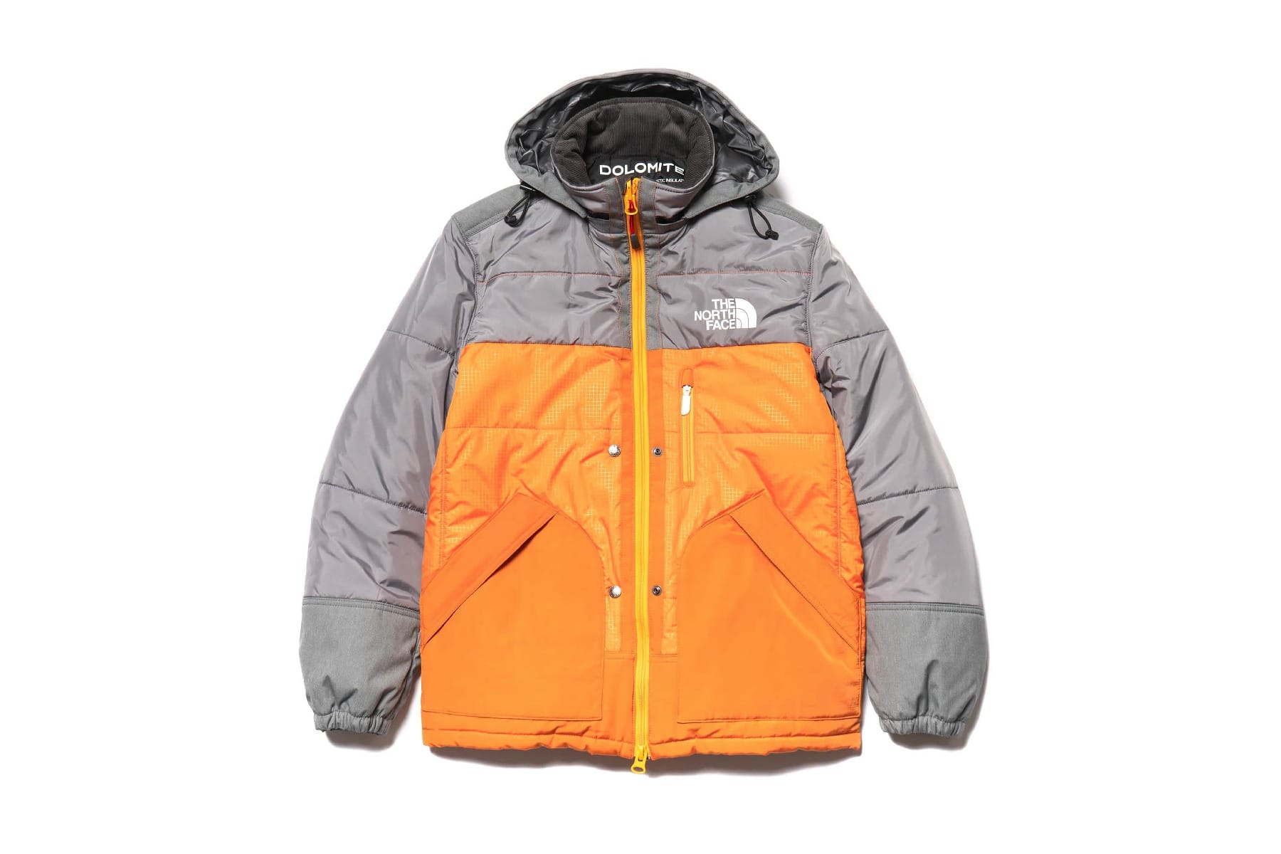 grey and orange north face jacket