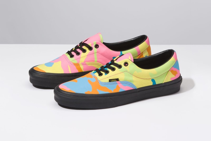 Vans neon camouflage era sneakers black midsole laces yellow pink orange shoe mens womens release drop info buy sell