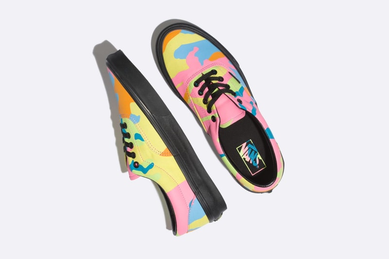Vans neon camouflage era sneakers black midsole laces yellow pink orange shoe mens womens release drop info buy sell