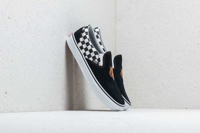 vans slip on skate hi tiger check reissue colorway black suede checkerboard monochrome embroidery japanese katakana text print